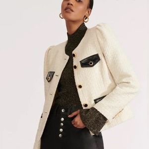 Veronica Beard Leslie Jacket Ivory Tweed White Black Gold Collarless Sparkly 8